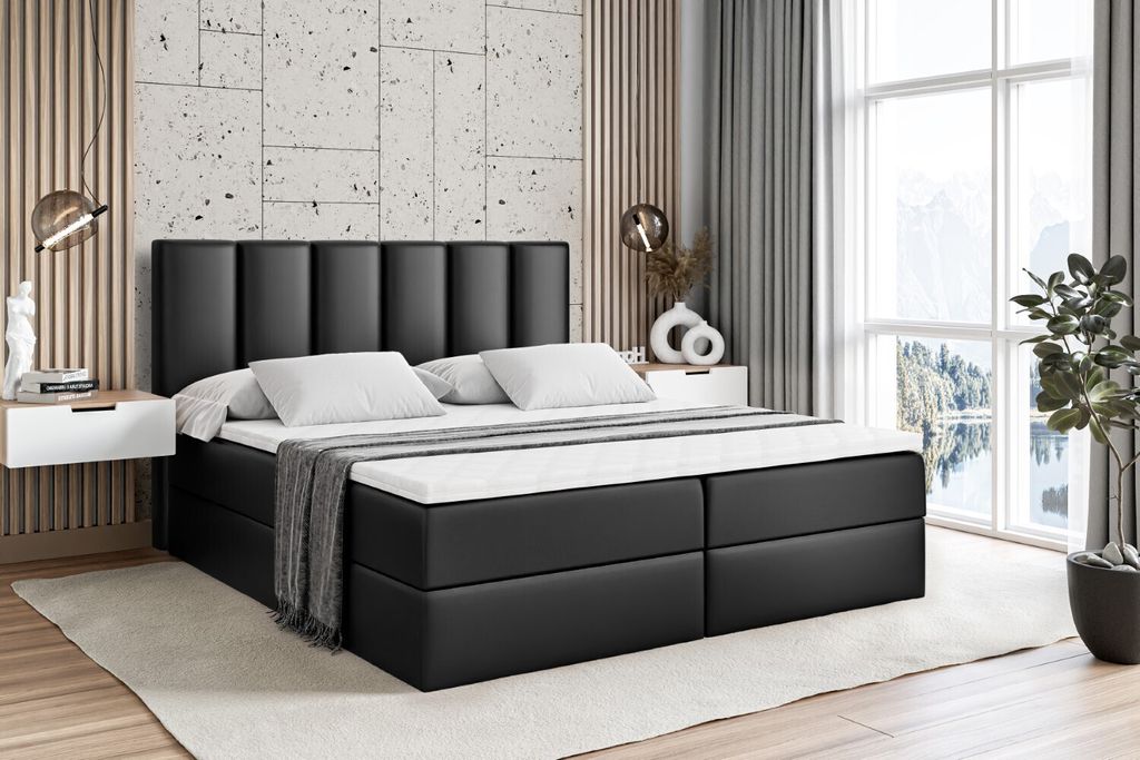ALTDECOR Boxspringbett mit H3 Matratze und Topper - 140 x 200 cm - BOXI1 - Schwarz Kunstleder - Polsterbett mit Bettkasten und Lattenrost, Bett mit...