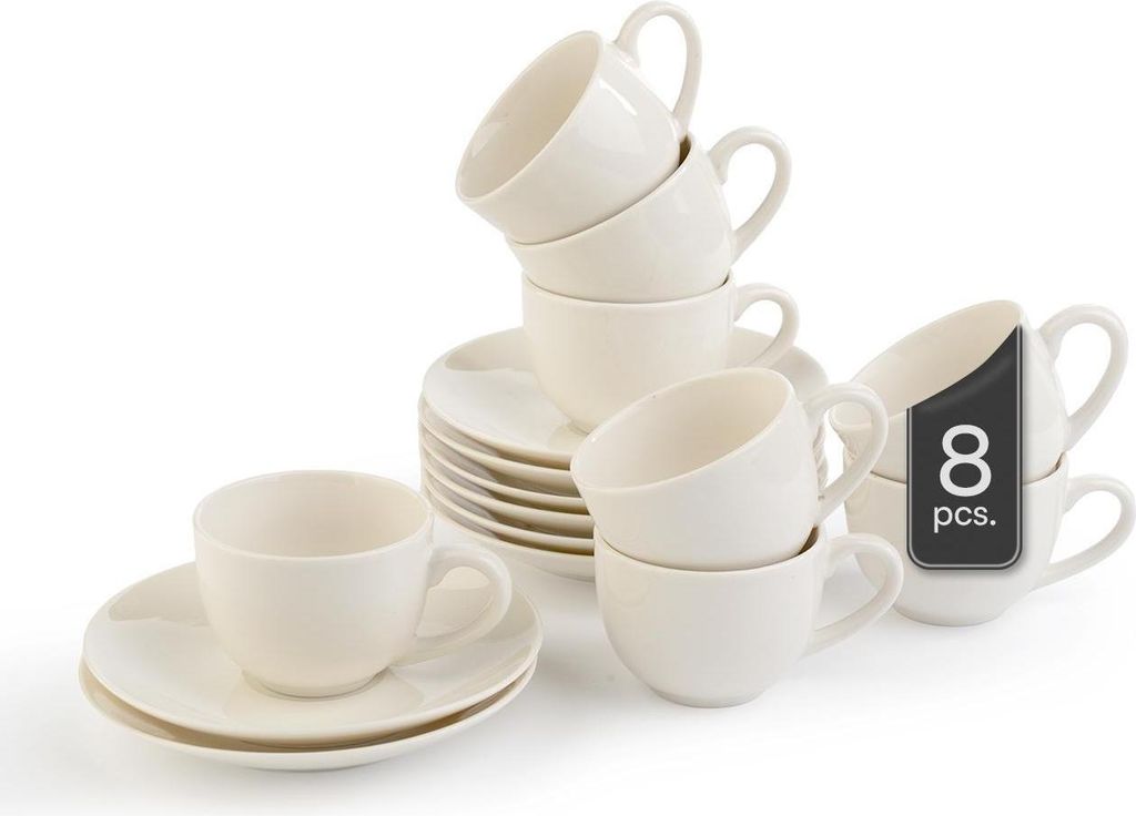 Espressotassen mit Untertassen - 90 ml - Weiß - Bone China - 8er Set