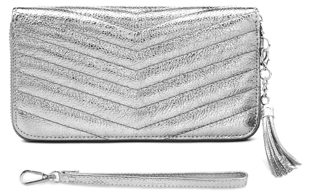 Geldbörse aus echtem Leder, RFID-Geldbörse für Damen, Kreditkartenhalter, kleine Clutch-Taschen mit Handgelenkschlaufe und Geschenkbox, silber, ...