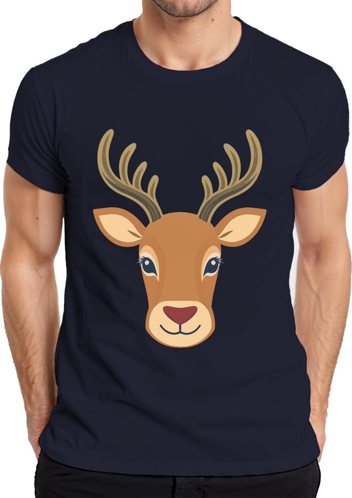 Hirschkopf Rehkopf Niedlich Kinder Waldbewohner Tiermotiv Boho Herren T-Shirt, Navy, S