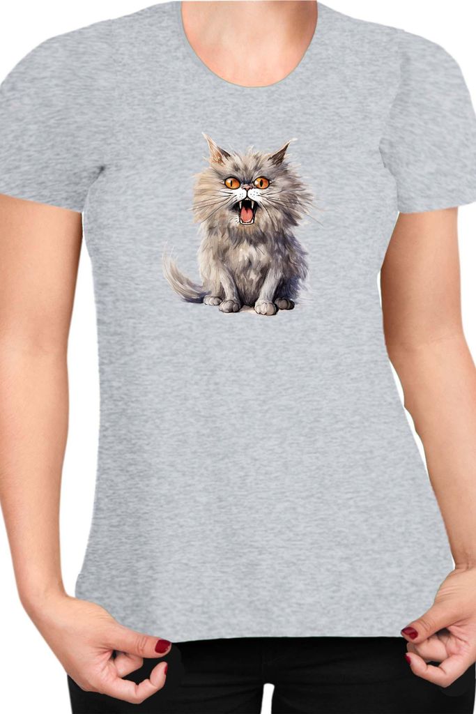 Damen T-Shirt Funny Cats Breeds British Longhair Cat 015, Lady XS / Grau