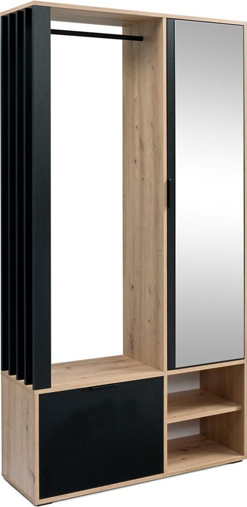 Garderobe 100 cm breit in Eiche & Schwarz, mit Kleiderstange, Schuhschrank und Spiegel, 1 Klappe - MINSTER-161