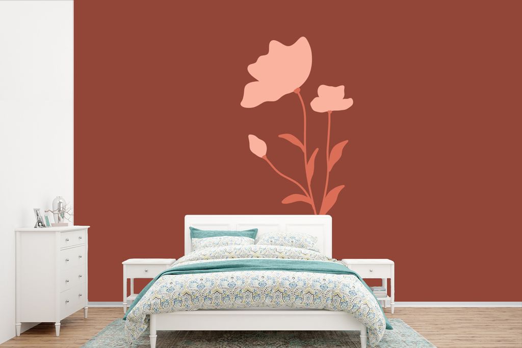 MuchoWow Fototapete für Wohnzimmer oder Schlafzimmer Wandtapete Vinyl Motivtapete Illustration einer rosa Blume auf braunem Hintergrund - 450x30...