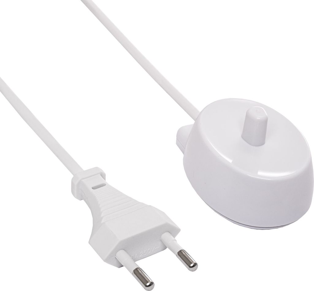 A white electric toothbrush charger with a European plug.
