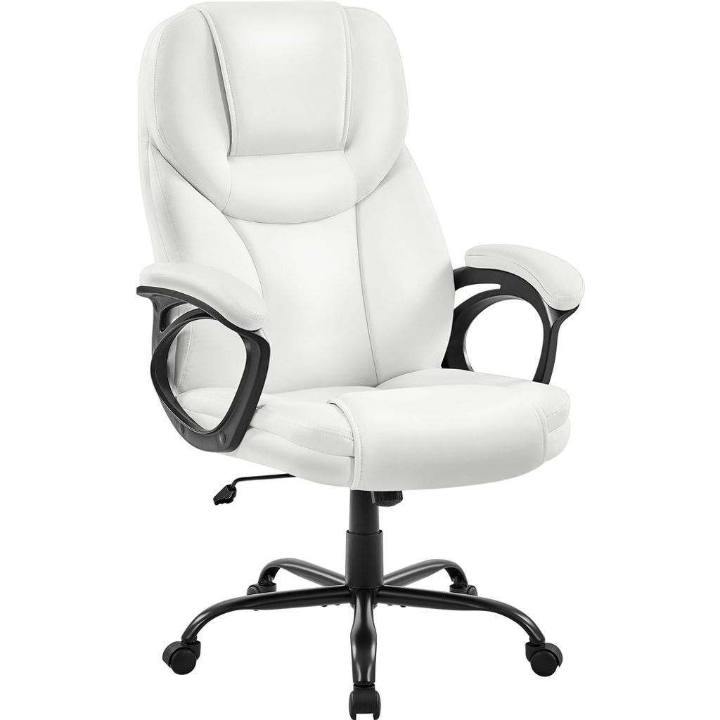 A white office chair with black accents is shown against a white background.