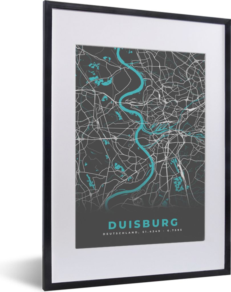 MuchoWow Gerahmtes Poster Deutschland - Blau - Duisburg - Stadtplan - Karte 30x40 cm - Poster mit Schwarzem Bilderrahmen Wandposter Rahmen Foto B...
