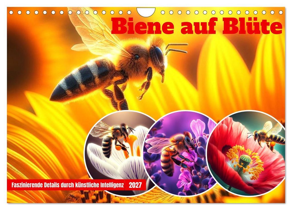Biene auf Blüte - Faszinierende Details durch künstliche Intelligenz (Wandkalender 2027 DIN A4 quer), CALVENDO Monatskalender