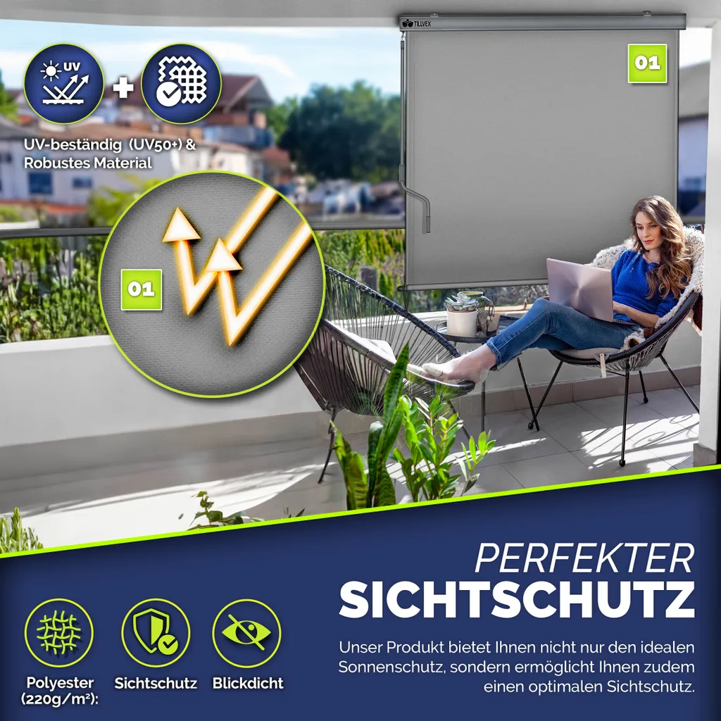tillvex® Tenda verticale 160x250 cm Grigio per esterni e interni | Tenda a rullo per esterni impermeabile con manovella per balcone, terrazza e giardino | Tenda a rullo per balcone protezione solare in alluminio | Tenda a rullo protezione privacy - 6