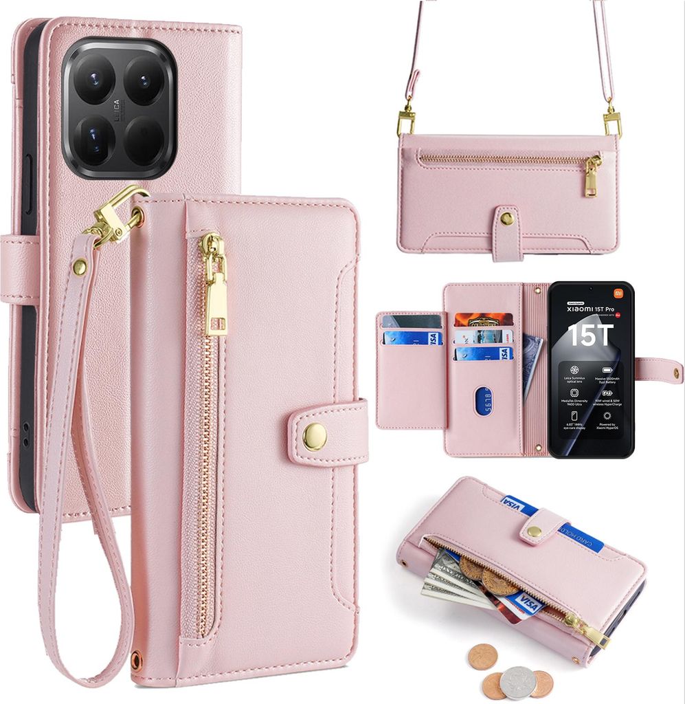 Handykette für Xiaomi 15T Pro Hülle mit Band Handyhülle Kartenfächer Kunstleder Umhängetasche in Rosa