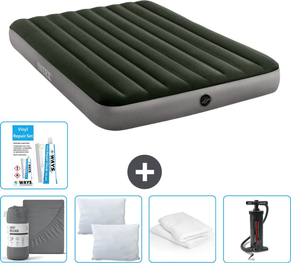 Intex Luftbett – 2 Personen – 152 x 203 x 25 cm – Grün – im Lieferumfang enthalten Spannbettuch - Küssen - Pumpe - Reperaturset en Kissen...