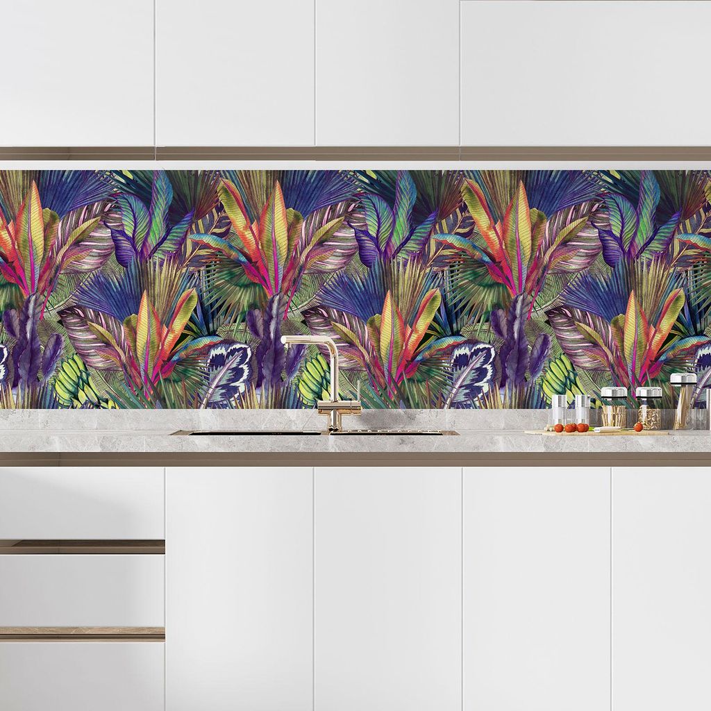 Klebefolie für die Küche – Lumaléa – Tropische Blumen – Klebefolie + GLANZ-Schutz – 60 x 60 cm