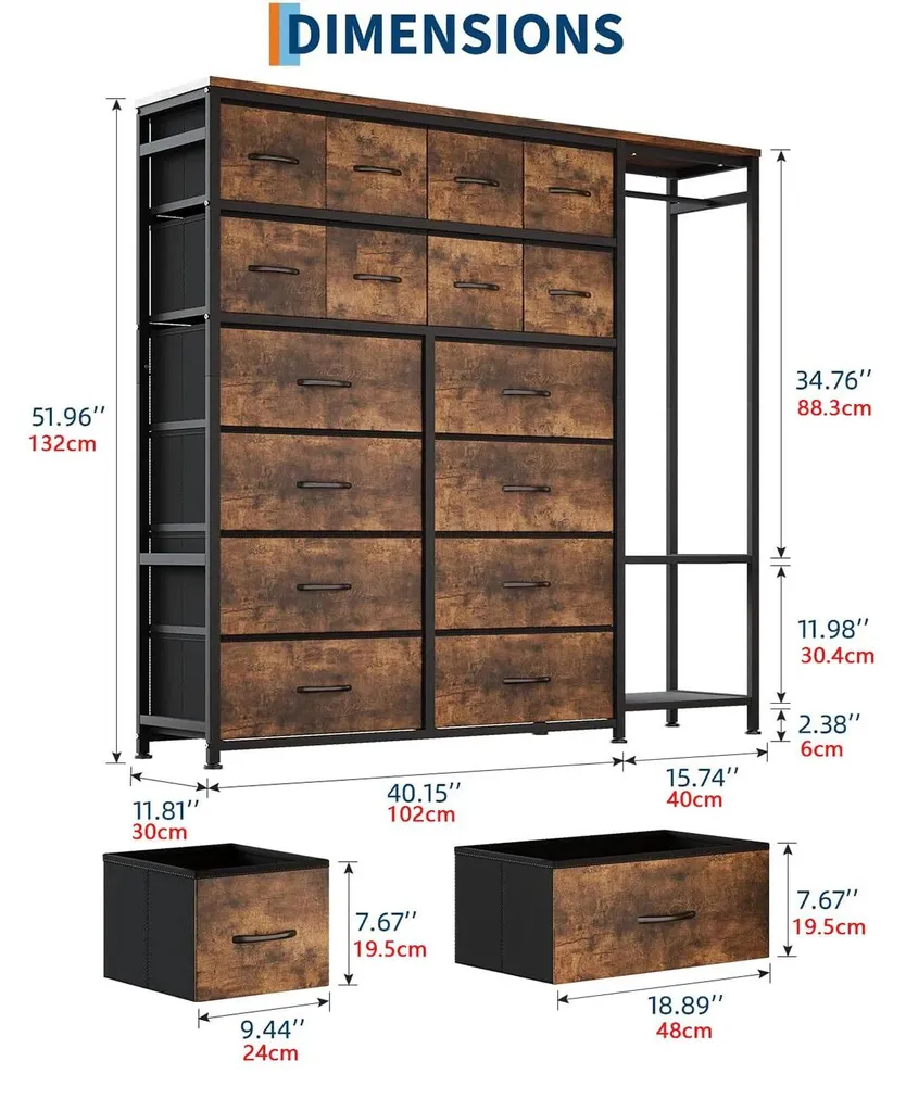Commode 16 tiroirs avec penderie et structure métal marron robuste - 2