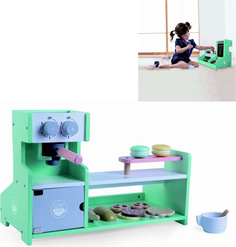 Moni Kinder Kaffee-Shop 4442 aus Holz Kaffeemaschine Theke Tasse Löffel Snacks grün