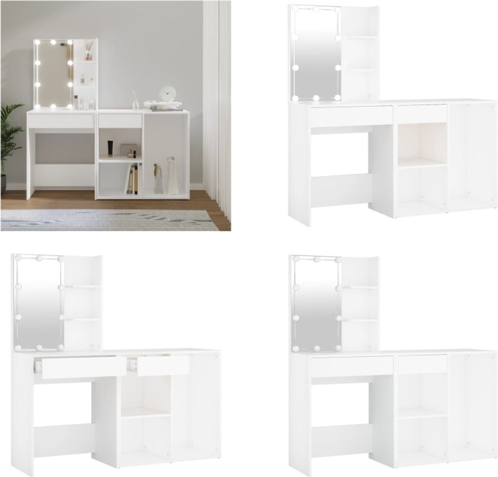 vidaXL LED Schminktisch mit Schrank Weiß Holzwerkstoff - LED Schminktisch Mit Schrank - LED Schminktische Mit Schränke - Schminktisch - Frisiertisch