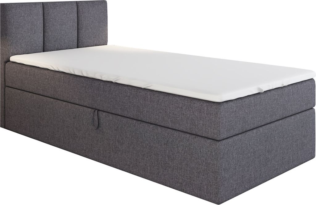 Boxspringbett, Jugendbett NASI 80x200 (Links) mit Bettkästen, Bonell-Matratze und Topper. Farbe: Grau