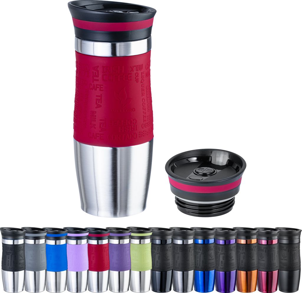 WELLGRO Thermobecher 400 ml + 1 Extradeckel - Edelstahl rostfrei - Silikon Soft-Touch Griffstück - BPA-frei - Isolierbecher doppelwandig - Travel ...