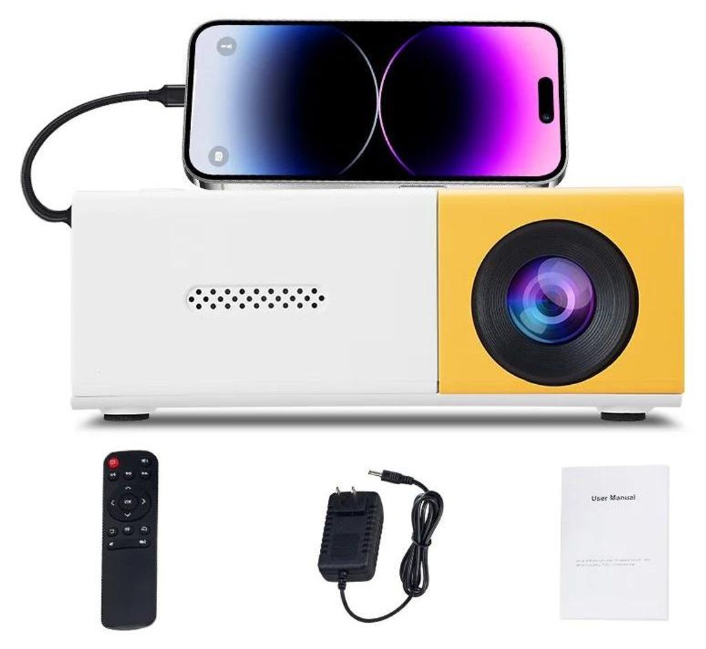 Mini Projektor - Tragbarer HD-Beamer - Drahtlose Bildschirmspiegelung - Heimkino - Mehrere Anschlüsse - Akku + AC/DC - Mit Netzadapter - Gelb