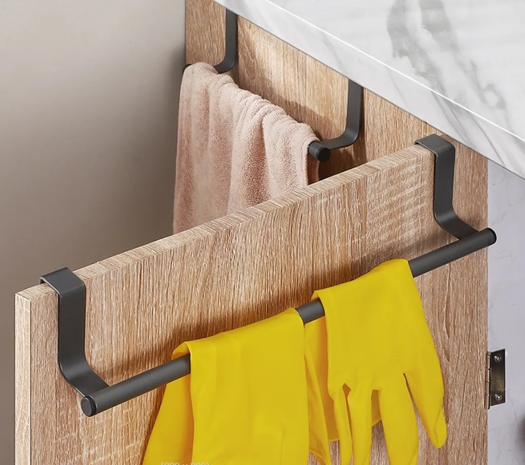 set di 3 portasciugamani sospesi | Portasciugamani da cucina per ante di armadietti | Portasciugamani nero senza foratura | Portasciugamani da porta come barra, salvaspazio per appendere gli strofinacci in cucina 23cm - 4