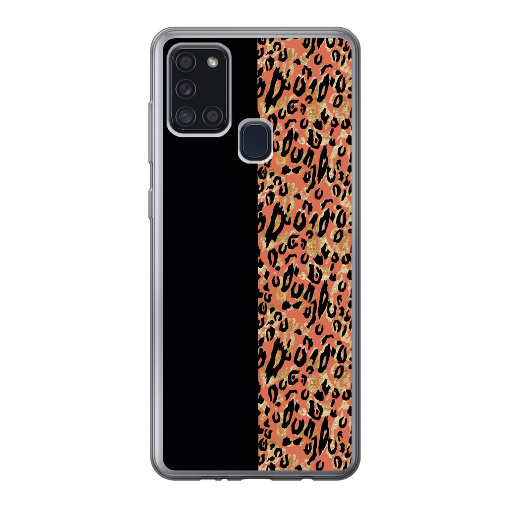MuchoWow Handyhülle Schutzhülle Hülle für Samsung Galaxy A21s Pantherdruck - Gold - Schwarz Silikon Softcase Handy Hülle - Hartschale