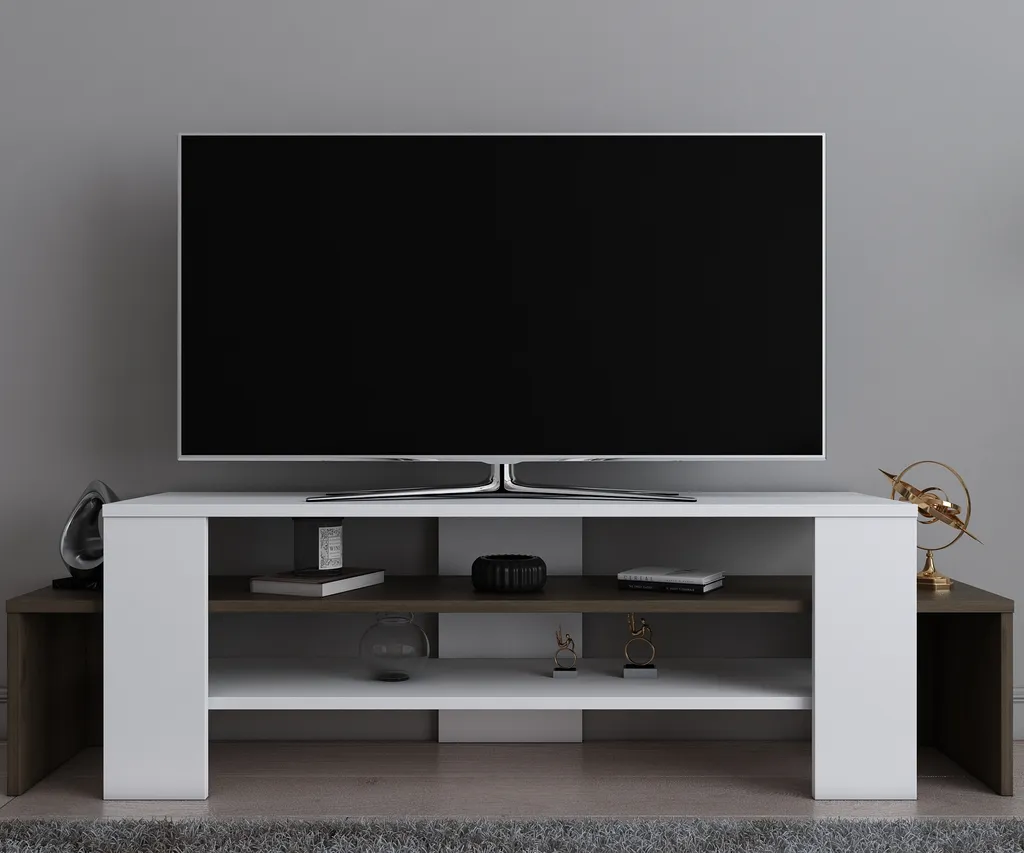 Meuble TV avec Cadre Décoratif Lenora Blanc et Noyer, Support 60 Pouces