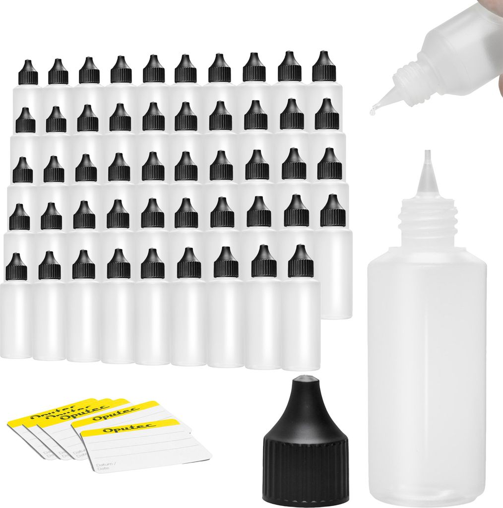 50 x 100 ml Oputec Liquid-Flaschen mit Tröpfler + 50 Beschriftungsetiketten | Spar-Paket