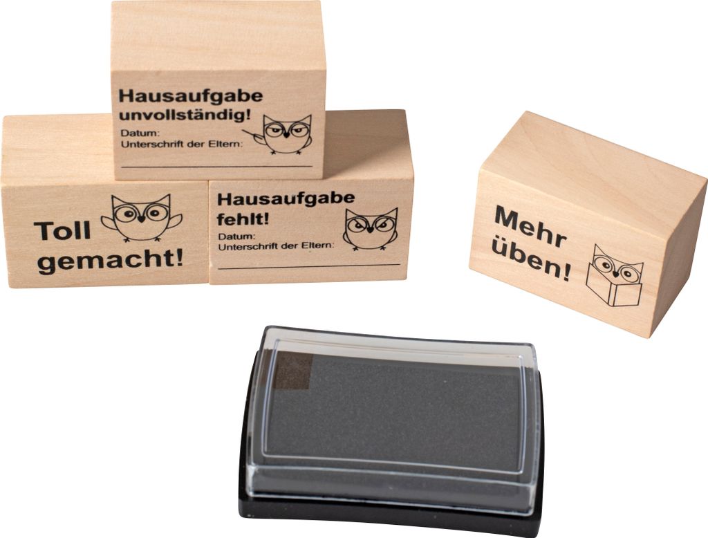 Betzold Hausaufgabenstempel, 4 Stück inkl. Stempelkissen