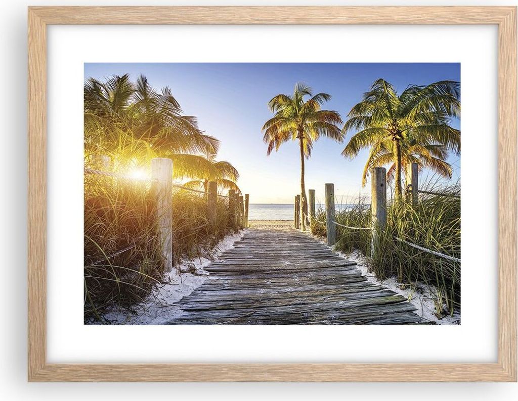 Gerahmtes Poster - Rahmen in heller Eiche - Strand Palmen Fußgängerbrücke - 40x30 cm - Wand Bild - Wanddeko - Wandbilder - Wandposter - Bilderra...