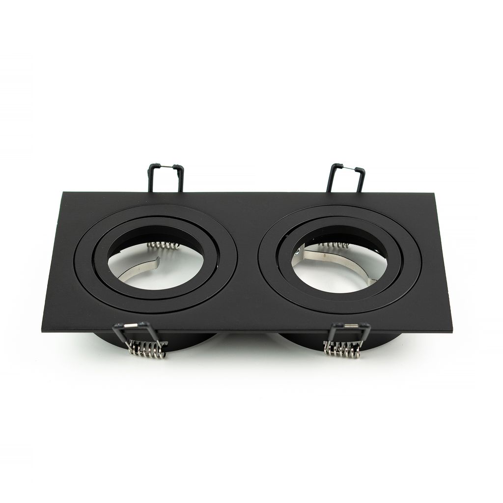 A black, square, double recessed spotlight fixture is shown against a white background.