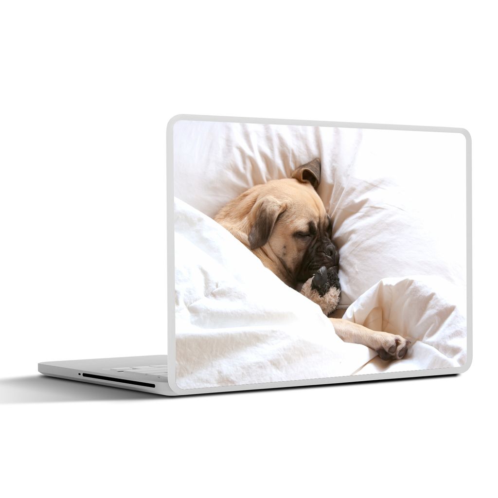 MuchoWow Laptop Aufkleber Sticker Cover Hund schläft im Bett mit einem Kuscheltier 30x21 cm - Sticker für Laptop - Selbstklebend
