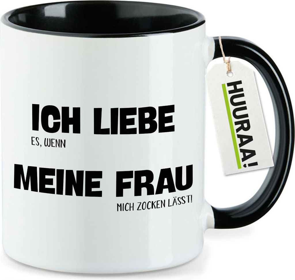 Huuraa Kaffeetasse Liebe es wenn meine Frau mich zocken lässt 330ml Schwarz Keramik Kaffeebecher Geschenkidee