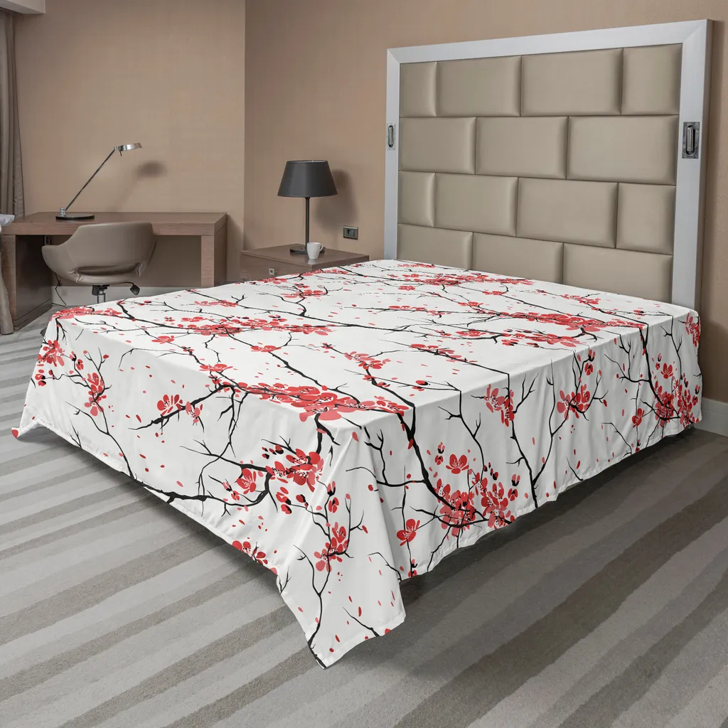 Drap plat ABAKUHAUS Sakura japonais 244 x 205 cm en corail noir et blanc