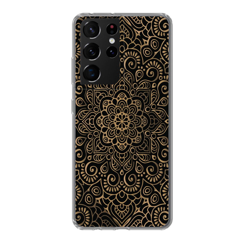 MuchoWow Handyhülle Schutzhülle Hülle für Samsung Galaxy S21 Ultra Goldenes Muster auf schwarzem Hintergrund Silikon Softcase Handy Hülle - ...