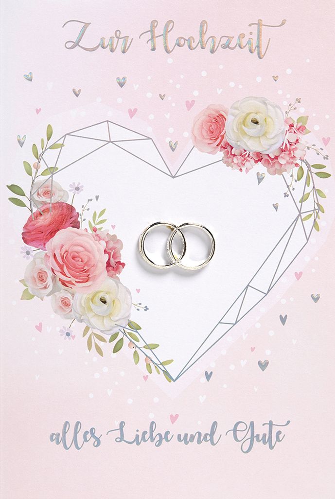 Hochzeit Karte mit Umschlag, Herz Blumen Ringe