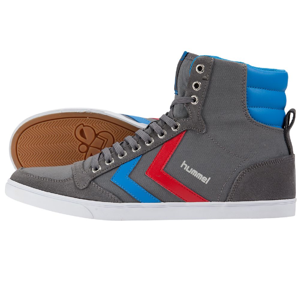 A pair of high-top sneakers shown from the side.