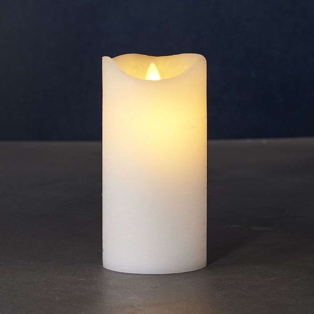 A white LED candle with a flickering yellow flame sits on a dark surface against a dark blue background.