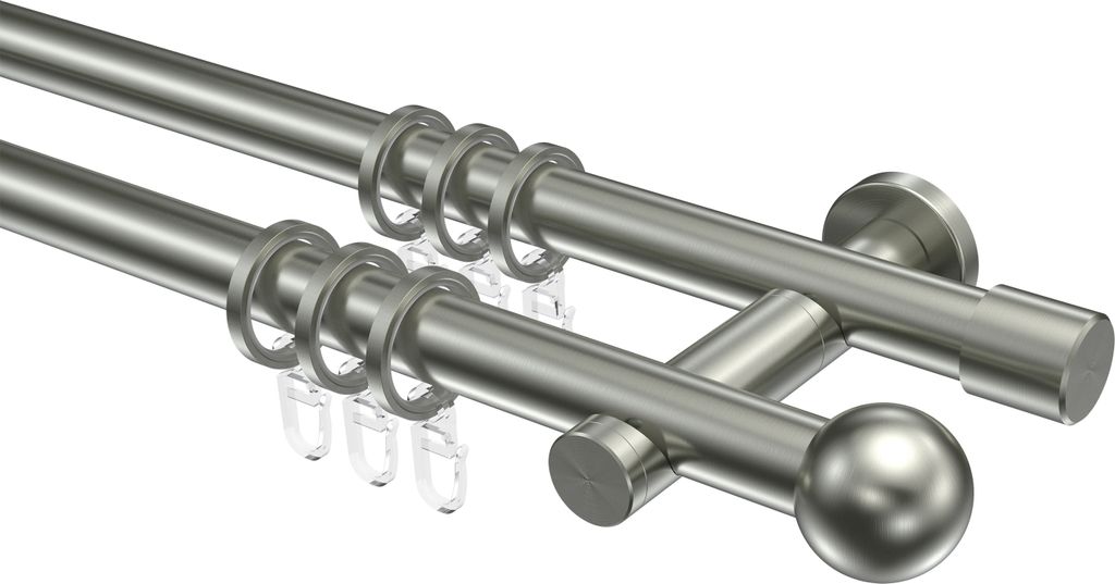 Interdeco Gardinenstange / Vorhangstange Edelstahl, Typ Perfecta Luino (Kugel), 20 mm Ø 2-läufig, 220 cm