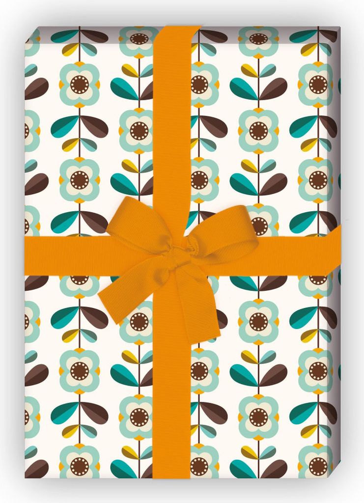 Retro Vintage Blumen Geschenkpapier türkis, im 70er Jahre Produktbild 