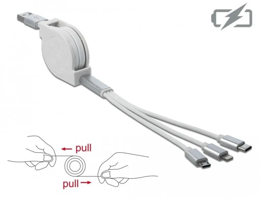Câble USB 3-en-1 blanc rétractable avec fiches Type C et Micro USB Delock