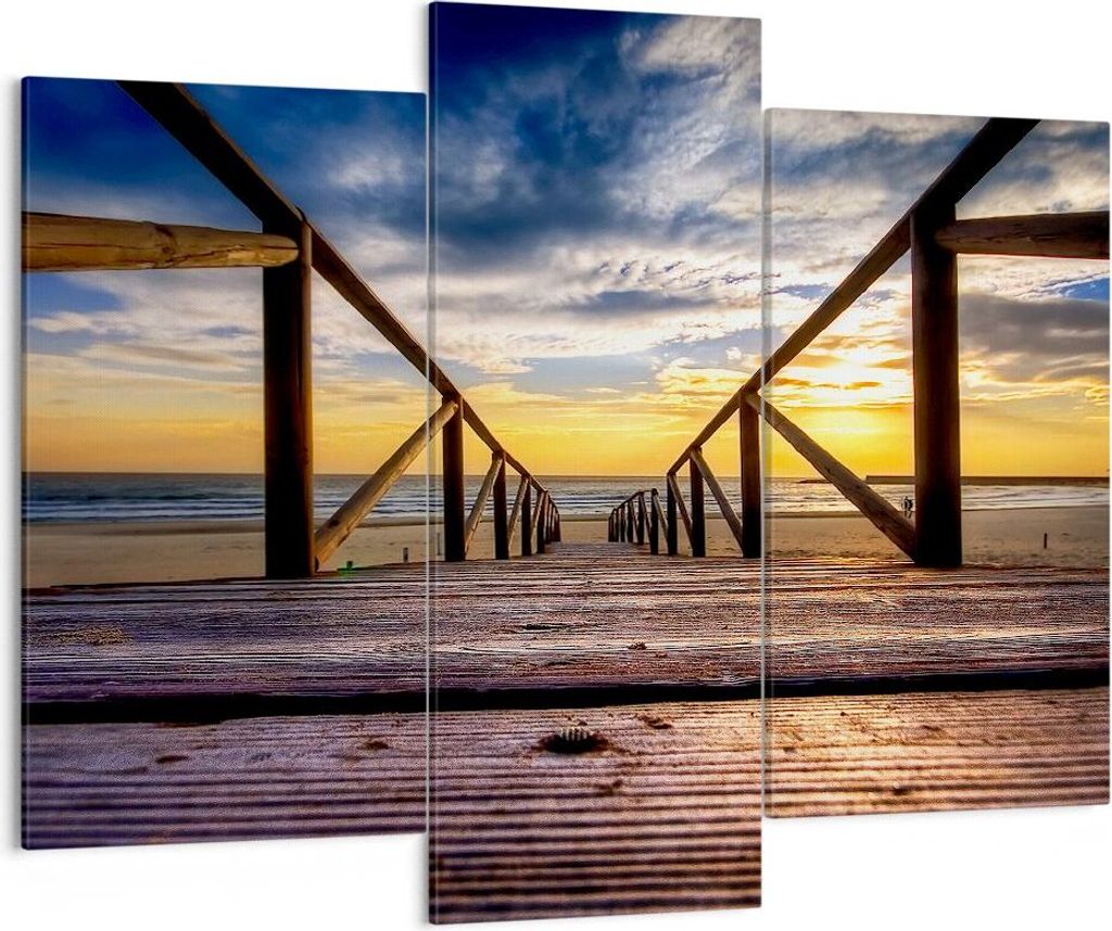 Bild auf Leinwand - Leinwandbild - Strand Ozean Sand Holzbrücke Sonnenuntergang - 130x100cm - Wand Bild - Wanddeko - Leinwanddruck - Bilder - Kuns...