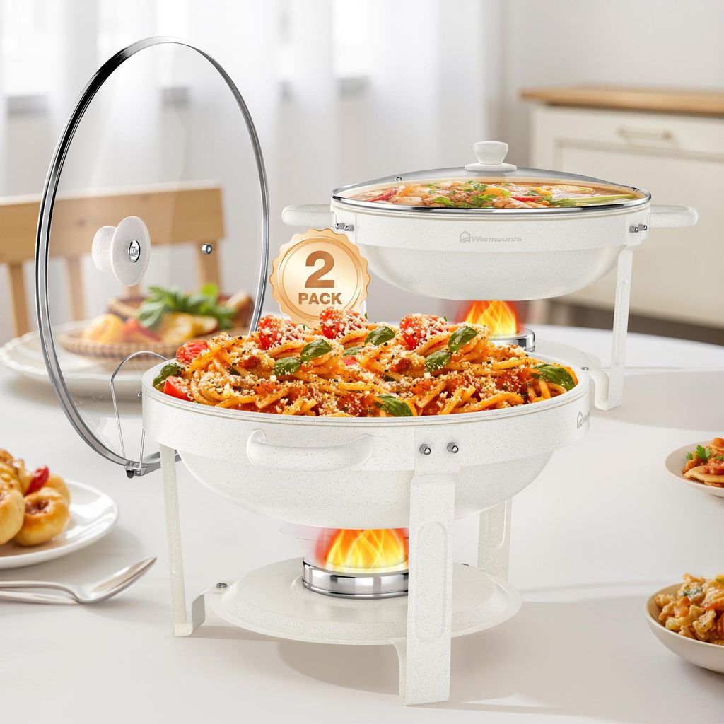 WARMOUNTS Chafing Dish Buffet 5L 2er Set Weiße, Maifan Stein Beschichtung Rund Speisenwärmer für Catering mit Glasdeckel & Deckelhalter Edelstahl