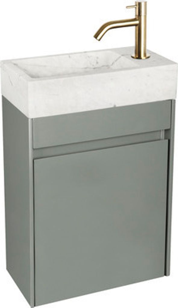 Waschtisch-Set Differnz HURA L 40 x 22 cm Waschbecken Marmor weiß mit Unterschrank in grün , Kaltwasserhahn und Siphon gold matt 38.006.16