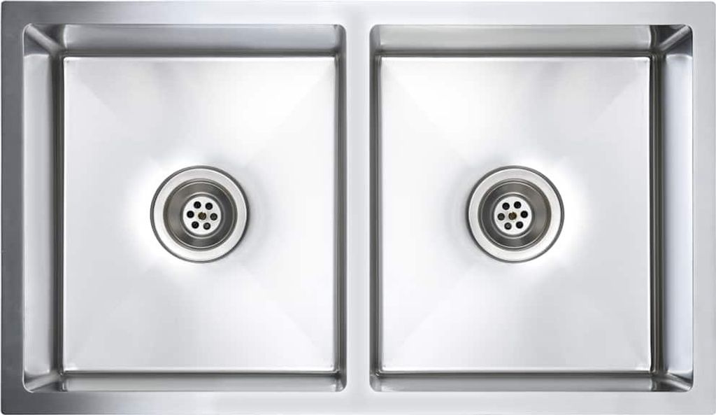 A top-down view of a double stainless steel sink with drains.