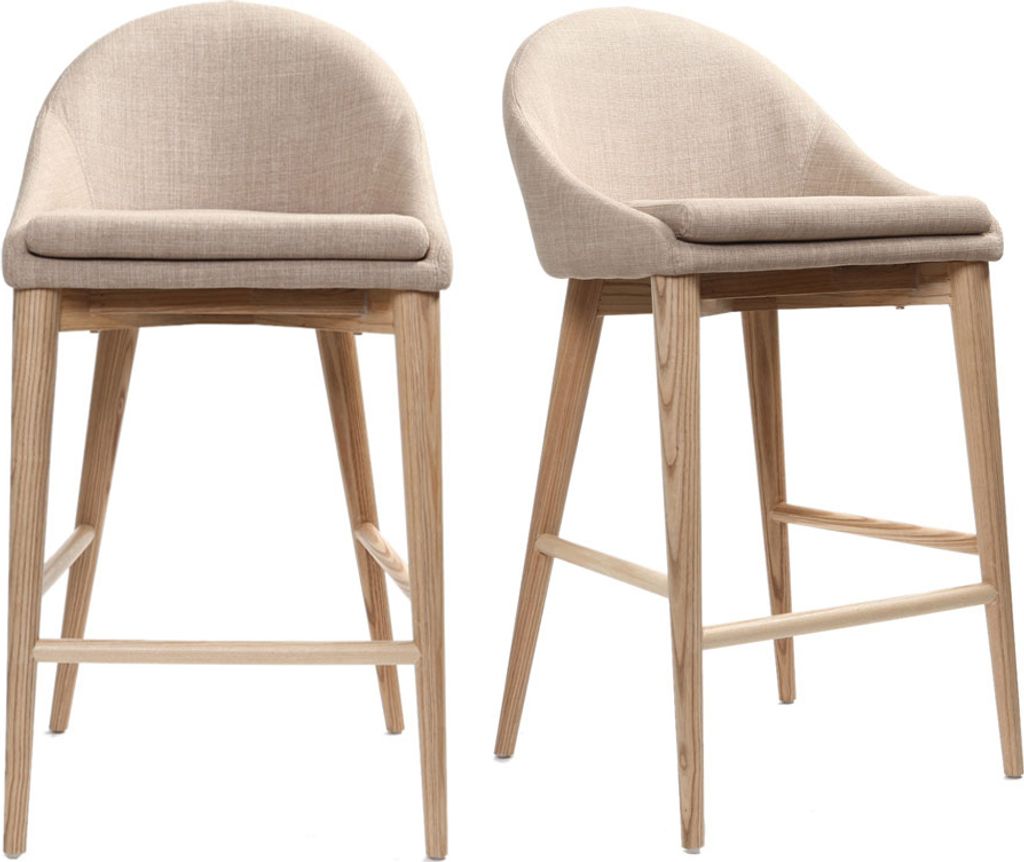 Miliboo - Skandinavische Barhocker aus beigem Stoff und massiver Esche H66 cm (2er-Pack) DALIA