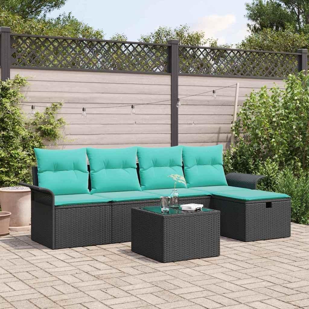 Gartensofa-set mit Kissen 6 pcs Schwarz und Türkis Poly-Rattan - Gartensofas DE269