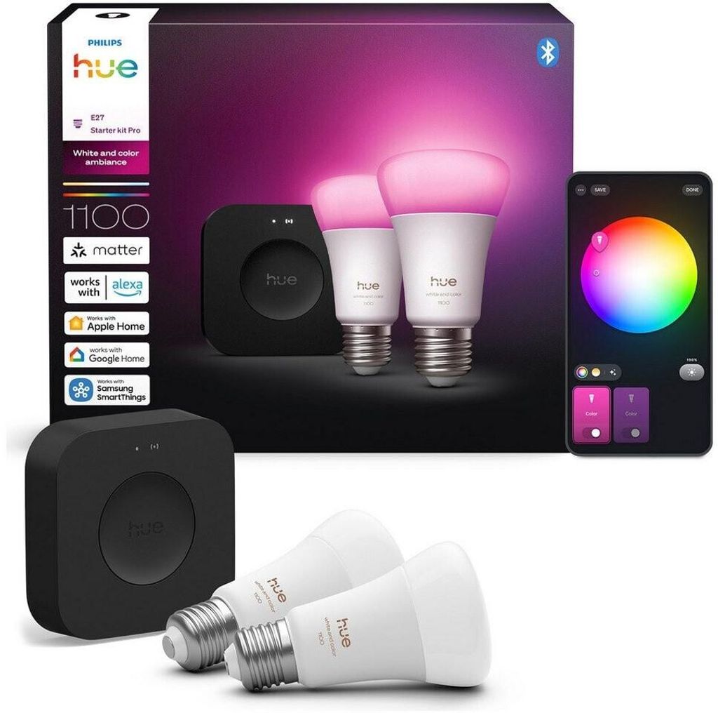 Philips Hue White and Color ambiance Starter-Set: 2 farbfähige E27-Smart-Lampen + Hue Bridge Pro, Set für intelligente Beleuchtung, Bluetooth/Zig...