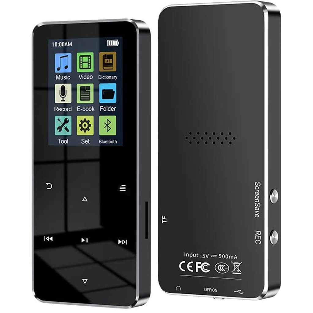 MP3-Player 32GB mit Bluetooth 5.0 & Lautsprecher – 1,8" Touchscreen HiFi Musik-Player, FM-Radio, Schrittzähler, Diktierfon, MicroSD Slot, Schwarz