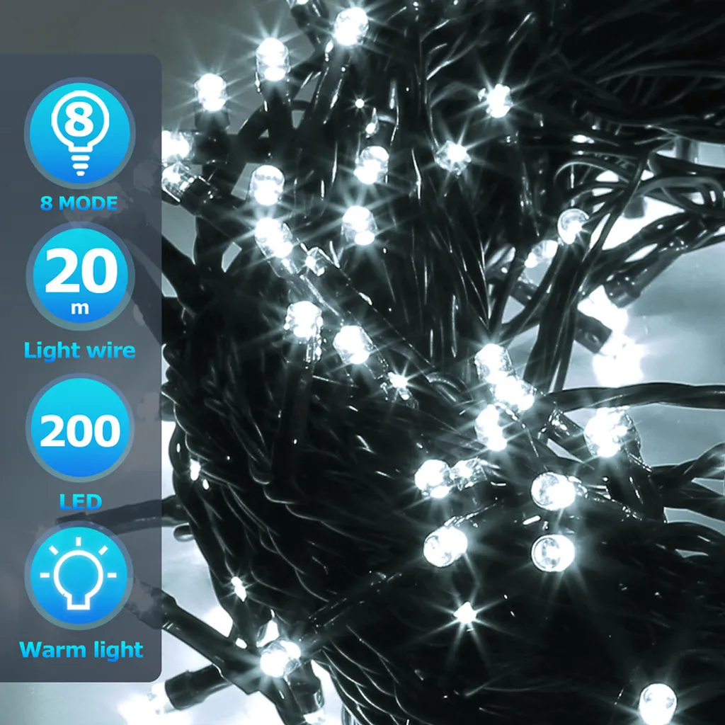 Yakimz 20M 200 LED per albero di Natale, filo di rame bianco freddo verde scuro con 8 programmi LED per uso interno ed esterno IP44