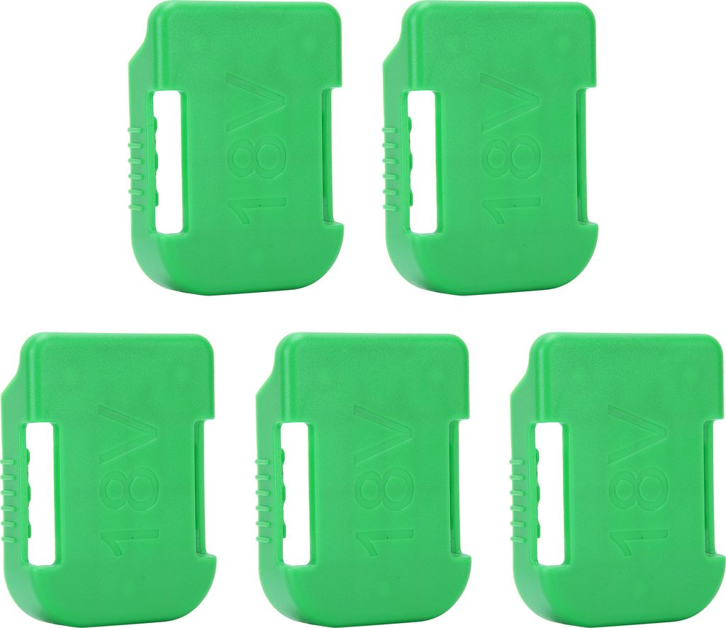 Five green battery holders are arranged in two rows on a white background.