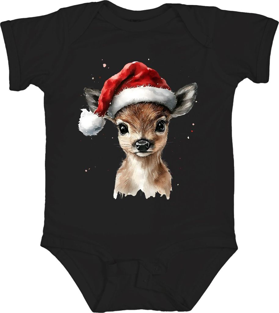 Rehkitz Weihnachten Santa Aquarell niedlich Geschenk Winter Unisex Baby Body, Schwarz, 6/12