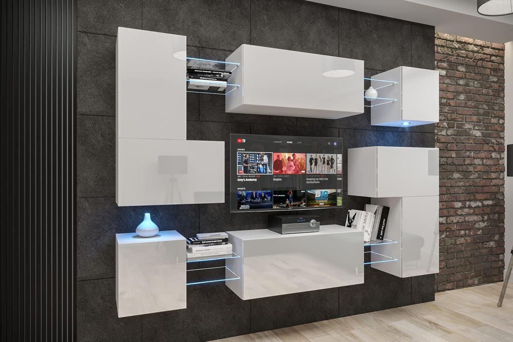 Furnitech Wohnwand Wohnzimmer - Wohnzimmer Möbel mit LED Weiß - Hängend Wohnwand Modern - Regale und TV Schrank (Albania AN3N-21W-HG2-1A)